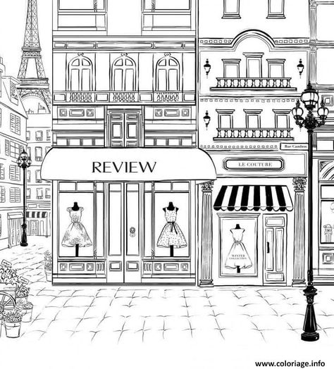 Coloriage ville de paris magasins de vetement mode à imprimer Megan Hess Illustration, Megan Hess, Urban Sketching, The Eiffel Tower, Kirigami, Coloring Pictures, Coloring Book Pages, Colouring Pages, Adult Coloring Books