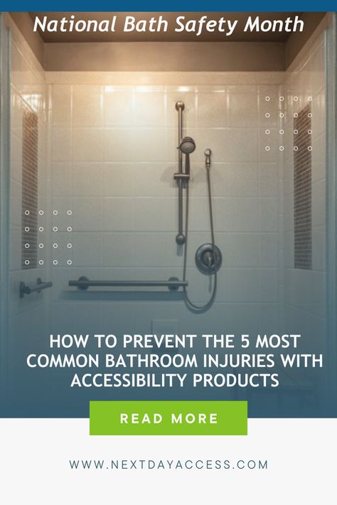 It's National Bath Safety Month! In honor of this month, we're highlighting the 5 most common bathroom injuries that occur and the bathroom accessibility products you can install in your very own home to reduce risks of accidents. Common Bathroom, Bath Trends, Bath Safety, Bathroom Safety, Shower Seats, Bathroom Solutions, Aging In Place, Seat Design, Universal Design