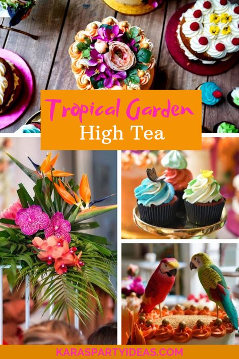 Kara's Party Ideas Tropical Garden High Tea | Kara's Party Ideas Hawaiian Garden Party, Tropical Garden Party Ideas, Jungle Tea Party, Hawaiian Tea Party, Tropical Birthday Party Ideas For Women, Tropical Tea Party, Bali Themed Party, Tropical Table Centerpieces, Bird Centerpieces