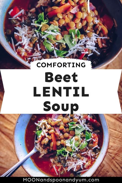 A hearty and nourishing beet lentil soup chock-full of lentils, beets, peas, bell peppers, garlic, onion, and mixed greens. Beet Soup Recipes, Gluten Free Family Meals, Easy Comfort Food Dinners, Beet Soup, Easy Autumn Recipes, Dairy Free Dinner, Fall Comfort Food, Gluten Free Recipes For Dinner, Easy Comfort Food