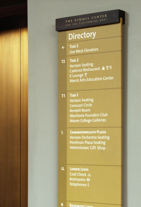 Kimmel Center for the Performing Arts - Cloud Gehshan Directory Signage Design, Directory Signage, Hospital Signage, Directory Signs, Pylon Sign, Wayfinding Signage Design, Donor Recognition, Office Signage, Wayfinding Signs