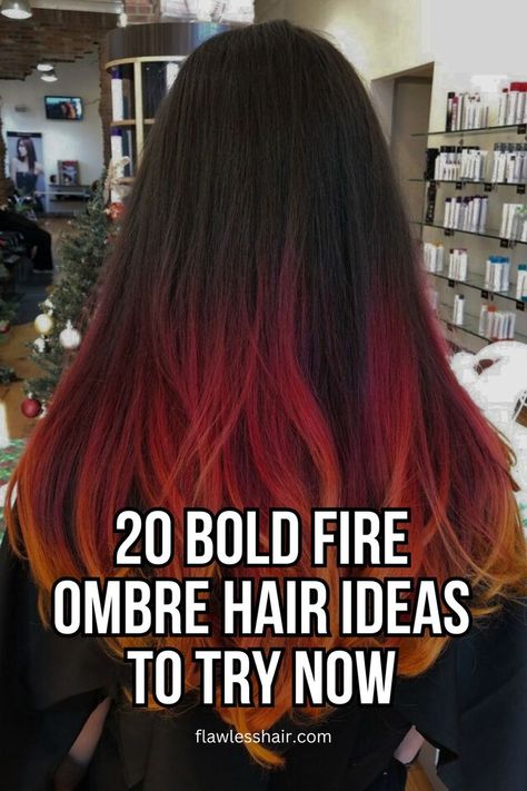 Fire Ombre On Natural Dark Hair One Strand Of Hair Dyed, Red Ombre Hair Color For Brunettes, Fire Ombre Hair, Ombre Hair Color For Brunettes, Orange Ombre Hair, Sunset Hair Color, Ombre Hair Ideas, Hair Color Red Ombre, Edgy Hair Color