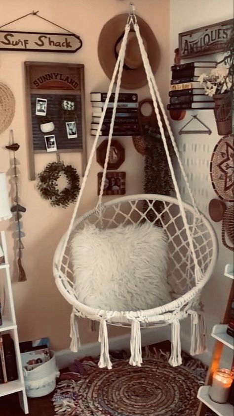 Hanging Chair Book Nook, Reading Nook Hanging Chair, Reading Nook With Hanging Chair, Book Nook Bed, Hanging Chair Reading Nook, Book Corner Ideas Bedroom Cozy Nook Reading Areas, Aesthetic Hangout Room, Hanging Chair Living Room, Small Cozy Corner