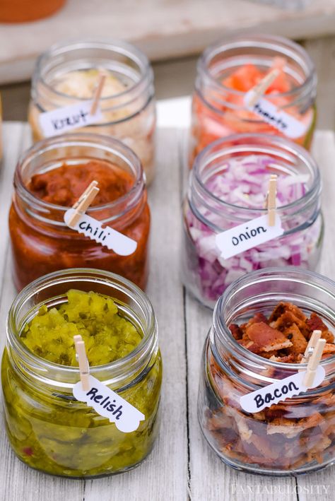 Hot Dog Bar Toppings in small mini glass jars Hot Dog Catering Ideas, Concession Stand Party Ideas Food Tables, Hamburger And Hot Dog Bar, Hot Dog Buffet, Hot Dog Bar Toppings, Hot Dog Party, Party Food Bars, Party Food Bar, Burger Party