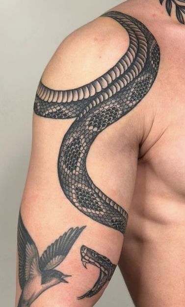 Men’s Snake Tattoo On Arm, Snake On Shoulder Tattoo, Cobra Back Tattoo, Shoulder Snake Tattoo, Snake Tattoo Shoulder, Snake Shoulder Tattoo, Snake Sleeve Tattoo, Samurai Tattoo Sleeve, Bicep Tattoo Men