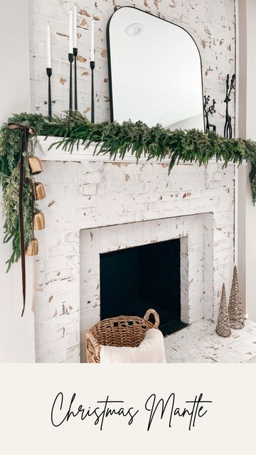 Greenery On Mantle Christmas, Cedar Pine Garland, Christmas Fireplace Decor Simple, Kirklands Norfolk Pine Garland, Norfolk Pine Garland Fireplace, Corner Mantle Christmas Decor, Mantle No Fireplace Ideas, Minimal Christmas Mantle, Christmas Fireplace Decor No Mantle