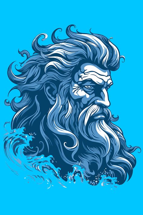 Vector artwork of Poseidon, the Greek god of the sea. Serene blues and water splashes capture Poseidon's essence. I always found the ancient greek mythology very fascinating. Atlantis Drawing, Poseidon Painting, Poseidon Fanart, Poseidon Drawing, Poseidon Design, Poseidon Art, Neptune God, Neptune Statue, Greek Artwork