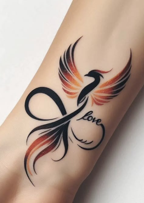 Phoenix And Infinity Tattoo, Two Words In One Tattoo, White Ink Phoenix Tattoo, Tattoos That Mean Protection, Small Phoenix Tattoos Still I Rise, Phoenix Tattoo Minimalist Simple, Cool Phoenix Tattoo, Phoenix Infinity Tattoo, Infinity Tattoos Men