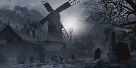 Windmill and Graveyard Art from Resident Evil Village #art #artwork #gameart #gameartwork #videogameart #conceptart #illustration #residentevilvillage #residentevil #residentevilvillageart #residentevilart Resident Evil Village Wallpaper, Village Wallpaper, Graveyard Art, Interior Concept Art, Village Art, Resident Evil Village, Tv Horror, Graphic Novel Art, Animal Study