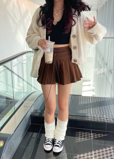 Pretty Outfits With Skirts, Cute Skirt Outfits Korean, Consort Outfit, Malaga Outfit Ideas, Big Shirt And Skirt Outfit, Cardigan Outfit With Skirt, Cute Outfit With Skirt, Cardigan Outfit Skirt, Soft Fashion Aesthetic