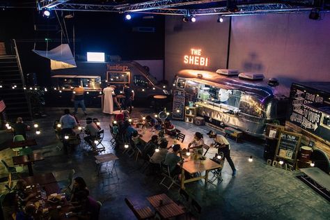 Indoor Food Truck, Warehouse Bar, Restaurant Station, Food Park, Warehouse Wedding, Modern Restaurant, Favourite Food, Food Hall, Summer Tour