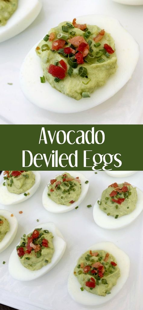 Avocado Deviled Eggs are the perfect party appetizer! Only 5 ingredients to this easy egg recipe! Easy Egg Recipe, Avocado Deviled Eggs Recipe, St Patrick's Day Appetizers, Devilled Eggs Recipe Best, Avocado Deviled Eggs, Easy Egg Recipes, Egg Recipe, Party Appetizer, Crumbled Bacon