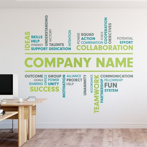 Decorate your office space with this personalised company name wall decal. The decal is suitable for any flat surface like walls, glass, furniture etc. It is perfect to add a touch of colour on those blank walls in the waiting room, office, conference and meeting rooms or any other workplace or workshop. You can customise the product with YOUR COMPANY NAME and colour combinations. (See images for details). We can customise the colours as well, please send us a message. The words around the name Office Wall Graphics, Dedication Ideas, Office Wall Design, The Waiting Room, Office Interior Design Modern, Office Wall Decals, Office Background, Office Branding, Name Wall Decals