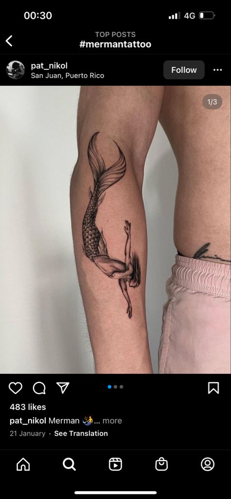 Mermaid Tattoo Designs For Man, Merman Tattoo For Men, Triton Tattoo Men, Mermaid Tattoo Men, Merman Tattoo, Mermen Art, Pirate Tattoos, Stretch Mark Tattoo, Underwater Tattoo