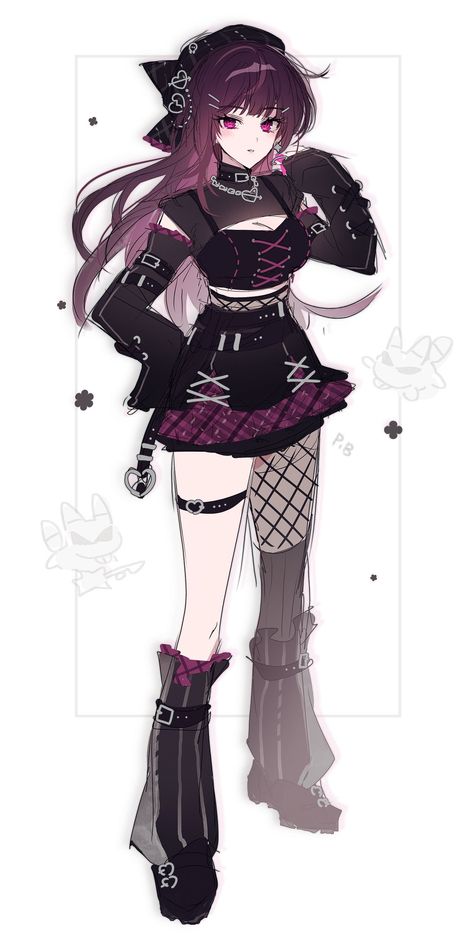 Emo Designs, Girl With Purple Hair, Naruto Clothing, Goth Outfit Ideas, Pastel Goth Outfits, Pastel Outfit, Purple Outfits, Anime Wall Art, Female Character Design