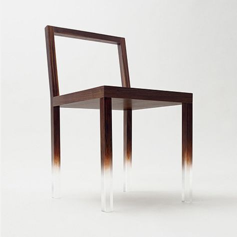 Fadeout Chair by Nendo  The clear acrylic legs were specially painted by craftsmen so that the wood grain appears to gradually fade away. Simple Chair Design, Floating Chair, Unique Furniture Design, Chaise Design, Chair Legs, Cool Chairs, Take A Seat, Japanese Design, Wooden Chair