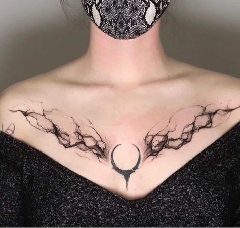 work from Black Serum Tattoo Chest And Neck Tattoos For Women, Colorful Neck Tattoo, Symmetrical Chest Tattoo Female, Chest Tattoo Women Ideas, Chest Tattoo Abstract, Throat Tattoo Ideas, Collar Bone Tattoo Ideas, Aesthetic Redhead, Chest Tattoo Female Upper