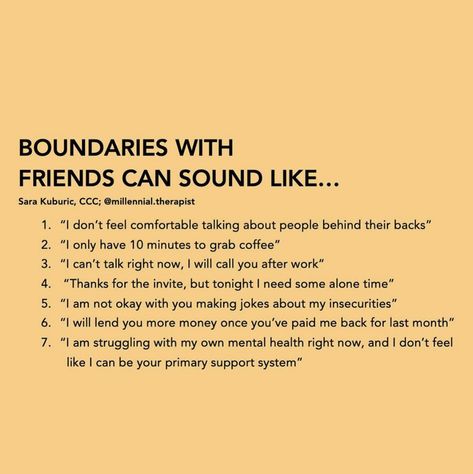 Boundaries are necessary in every type of relationship. Here are some examples of boundaries within friendships. Context matters, so keep it in mind as you establish/adjust your own boundaries with friends. • • #boundaries #awareness #reflection #feelings #mentalhealth #psychology #selfcare #selflove #human #identity #authenticity #worthit #intentionalliving #onlinetherapy #onlinecounseling #millennialtherapist #mentalhealthmatters #friends Examples Of Boundaries, Friendship Boundaries, Better Communication Skills, Takes One To Know One, Demand Respect, Type Of Relationship, Boundaries Quotes, Relationship Boundaries, Online Counseling