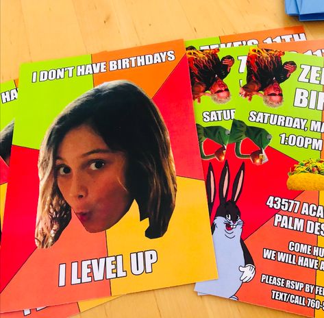 Check out these fun and unique meme-themed birthday invitations we just recently did! Let us help with your child's birthday party with our Custom Party Builder! #invitations #Birthdaypartyideas Meme Birthday Party Theme, Meme Party Theme, Funny Birthday Party Ideas, Funny Birthday Invitations, Meme Party, 25th Birthday Parties, Invitation Card Birthday, Kid Parties, Bee Party