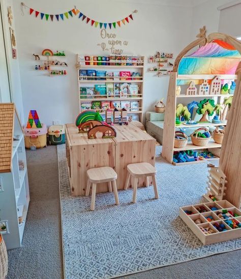 Playroom For Preschoolers, Minimalist Daycare Room, Boho Home Daycare, Preschool Room At Home, Montessori In Home Daycare, Daycare Playroom Ideas, Daycare Decor Ideas, Daycare Room Decorating Ideas, Boho Daycare Room