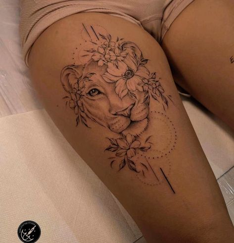 Fierce Lioness Tattoo For Women, Lion Leg Tattoo, Lion Tattoo On Thigh, Lioness Tattoo Design, Bookish Tattoos, Lioness Tattoo, Ankle Tattoos For Women, Mommy Tattoos, Spine Tattoos For Women