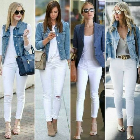 f4a4da9aa7eadfd23c7bdb7cf57b3112desc48907181ri Witte Jeans Outfit, White Pants Outfit, White Jeans Outfit, Jean Jacket Outfits, Mode Casual, 가을 패션, Denim Jackets, Outfit Idea, Jean Outfits