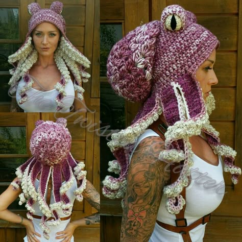 Crochet maroon octopus hat Diy Crochet Hat, Octopus Hat, Crochet Character Hats, Octopus Crochet Pattern, Crochet Twist, Crochet Hat Patterns, Crochet Octopus, Fun Crochet Projects, Hat Patterns