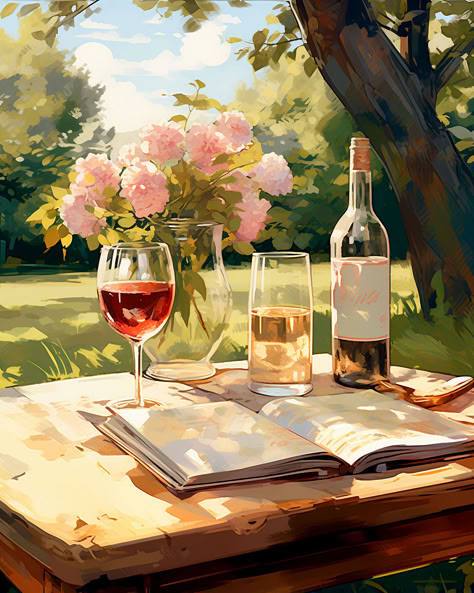 Wine glass on a table outside in a backyard with a vase of flowers and bottle of wine Wine Glass Art Paintings, Wine Art Illustration, Bright Drawings, Fantasy Alcohol, Wine Bottle Drawing, Wine Drawing, Notion Pics, Book Trees, Wine And Flowers