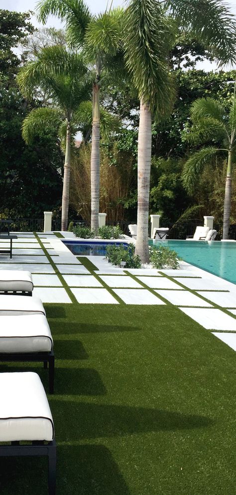 The back yard of this custom home has been transformed into an oasis with the addition of K9Grass by ForeverLawn. The pool is framed perfectly with an intricate inlay design between marble slabs that continues throughout the driveway with white concrete and K9Grass Lite. Artificial Grass Backyard, Artificial Grass For Dogs, Turf Backyard, Designs Room, Grass Artificial, Backyard Gardens, Backyard Pool Landscaping, Girly Room, Backyard Pool Designs