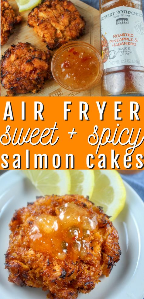 Air Fryer Salmon Cakes are delicious and so simple! My dad used to make salmon patties all the time - but this recipe is so much tastier! It's also got a kick to it with a secret ingredient! Air Fryer Salmon Cakes, Sweet Spicy Salmon, Air Fryer Fish Recipes, Best Party Appetizers, Air Fryer Salmon, Salmon Patties Recipe, Healty Dinner, Sweet And Spicy Sauce, Spicy Salmon