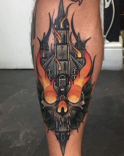 Dark Tattoo Ideas, Arm Cover Up Tattoos, Church Tattoo, Dark Feminine Tattoos, Burning Church, Feminine Tattoo Ideas, Satanic Tattoos, Feminine Skull Tattoos, Shadow Tattoo