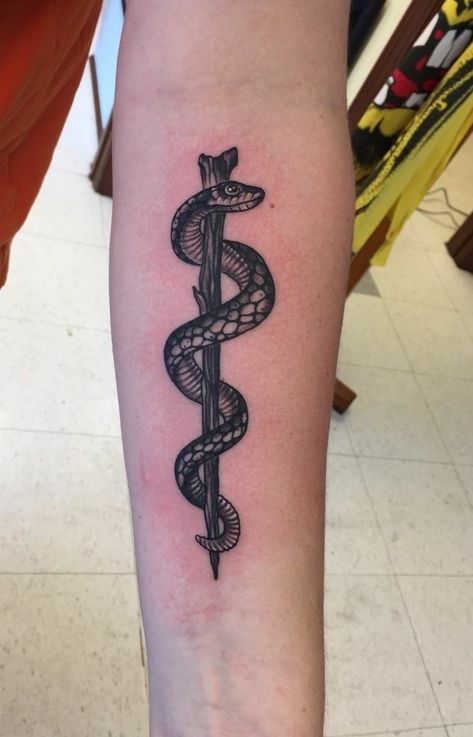 Snake Staff Tattoo, Rod Of Asclepius Tattoo Feminine, Rod Of Asclepius Tattoo, Asclepius Tattoo, Stab Tattoo, Medical Tattoos, Caduceus Tattoo, Rod Of Asclepius, Paramedic Quotes