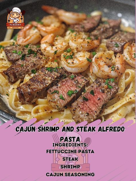 🔥 Elevate your pasta game with this flavor-packed Cajun Shrimp and Steak Alfredo Pasta! 🍤🥩 Cajun Shrimp and Steak Alfredo Pasta Ingredients: - 8 oz fettuccine pasta - 8 oz steak, sliced - 1 lb shrimp, peeled and deveined - 2 tbsp Cajun seasoning - 2 tbsp olive oil - 4 cloves garlic, minced - 1 cup heavy cream - 1 cup grated Parmesan cheese - Salt and pepper to taste - Fresh parsley for garnish Instructions: 1. Cook pasta according to package instructions. Drain and set aside. 2. Season ste... Cajun Steak Pasta, Steak And Shrimp Cajun Pasta, Steak And Shrimp Alfredo Pasta, Steak Alfredo Pasta, Spicy Cajun Steak Alfredo Pasta, Shrimp And Steak Alfredo Pasta, Cajun Shrimp And Steak Alfredo Pasta, Cajun Chicken Shrimp Pasta Fettuccine Alfredo, Steak And Pasta