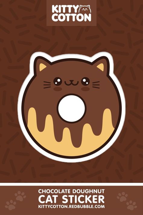 A smiling chocolate doughnut cat sticker covered in chocolate brown icing. Created by Kitty Cotton. Chocolate Doughnut, Cat Donut, Donut Drawing, Chocolate Doughnuts, Donut Cat, Chocolate Donut, Mini Doughnuts, Black Cat Sticker, Drink Stickers