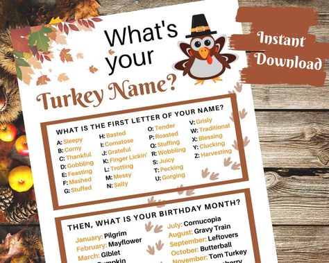 Excited to share the latest addition to my #etsy shop: Thanksgiving Party Game, Whats Your Turkey Name Game, Turkey Day Party Game, Friendsgiving Decor, Thanksgiving Name Game, Turkey Name Game #thanksgivinggame #friendsgivingparty #friendsgivingfavors #turkeyprintable #thanksgivingkids #turkeydaygame #thanksgivingdecor Funny Thanksgiving Games, Turkey Name Game, Thanksgiving Games For Family Fun, Thanksgiving Family Games, Fun Thanksgiving Games, Friendsgiving Games, Friendsgiving Decorations, Thanksgiving Facts, Name Game