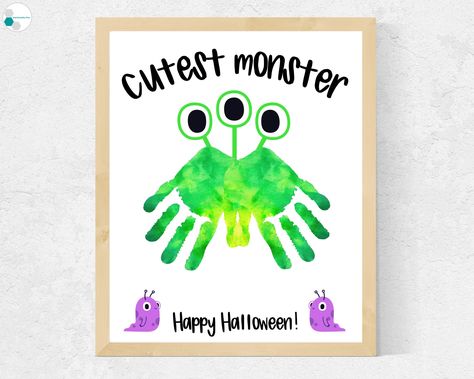 Halloween Handprint Craft or Footprint Art - Cutest Monster Halloween Craft for Toddlers Baby Kids Preschool Craft Halloween Say happy Halloween this adorable monster handprint art craft or Halloween footprint art!  Kids will love creating fun handprint monsters - great Halloween craft for preschool, daycare, baby, toddlers, and kids!  Simply download, print, and add handprints or footprints in any color.  You can further decorate with stickers, googly eyes, etc.  Be creative and have fun! Pleas Halloween Footprint Art, Craft Monster, Halloween Handprint Art, Halloween Handprint Crafts, Halloween Handprint, Halloween Art Projects, Halloween Crafts Preschool, Footprint Craft, Halloween Crafts For Toddlers