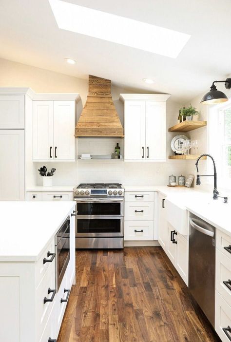 Kitchen Hood Ideas Vaulted Ceiling, White Walls White Cabinets, White Farmhouse Kitchen, Wood Hood, Vaulted Ceiling Kitchen, Kitchen Natural, Oven Hood, Latest Kitchen Designs, White Shaker Kitchen