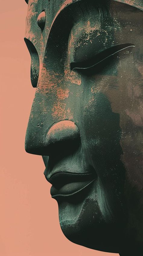 Elevate your space with the serene and calming presence of this exquisite digital artwork featuring a minimalist depiction of Buddha. The close-up profile of the Buddha statue, with its tranquil expression and subtle textures, is highlighted against a warm, peach background. The harmonious blend of dark green and peach tones creates a soothing and peaceful atmosphere, perfect for meditation and relaxation. Buddha Head Statue, Budha Art, Buddha Background, Meditation Artwork, Zen Wallpaper, Buddha Print, Buddha Peace, Lord Buddha Wallpapers, Creative Snaps For Snapchat