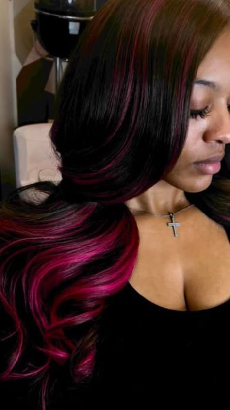 Colored Highlights Black Women, Hair Maintenance Aesthetic, Hairstyles Ideas For Long Hair, Pink And Black Hair, Half Up Half Down Hairstyle, Ideas For Long Hair, Down Hairstyle, For Long Hair Hairstyles, Frontal Wig Hairstyles