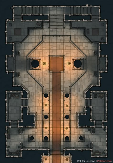 Temple, a [16x23] indoor temple map for D&D and other tabletop games.  Find high resolution and alternative versions on the Patreon-page: Roll for Initiative https://www.patreon.com/initiative Map Building, Roll20 Maps, Pathfinder Maps, Fantasy City Map, Salt Lake City Temple, Map Ideas, Map Layout, Dnd World Map, Building Map