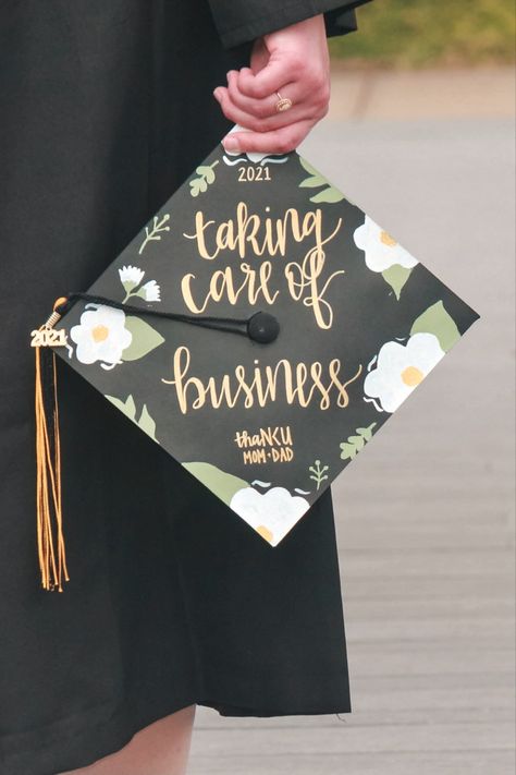 Taking Care Of Business Graduation Cap, Marketing Degree Graduation Cap, Best Graduation Cap Ideas, Bachelor Degree Graduation Cap, Bachelors In Business Graduation Cap, Graduation Cap Designs Finance, Hospitality Graduation Cap, Business Major Cap Decoration, Grad Cap Business Major