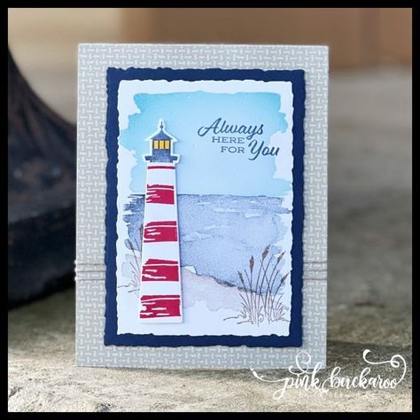 Stampin Up Lighthouse Point, Stampin Up Lighthouse, Pink Buckaroo Designs, Leaf Projects, Lighthouse Point, Nautical Cards, Beach Cards, Cat Stamp, Pumpkin Projects