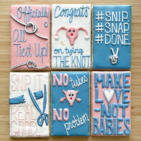 Celebrate every moment and every choice! This cookie set celebrates a woman’s choice to be kid-free, and have some fun while she’s at it! Such a fun set to make! #cookieart #hysterectomy #vasectomy #funnycookies #memes # notubes #noproblem #tyingtheknot Hysterectomies Party, Sterilization Celebration, Sterilization Party, Female Sterilization, Sprinkle Ideas, Decorative Cookies, Gender Party, Diy Gifts For Him, Surgery Recovery