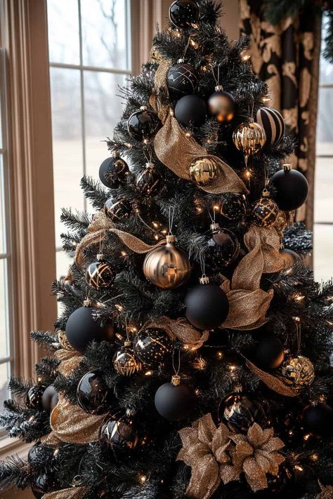 black Christmas tree Black Bulbs Christmas Tree, Black Copper Christmas Tree, Black Christmas Tree With Gold Ornaments, Black And Nude Christmas Tree, Black Beige Gold Christmas Tree, Black Silver And Gold Christmas Decor, Neutral And Black Christmas Tree, Christmas Tree Gold And Black, Black White And Gold Christmas Tree Decorations