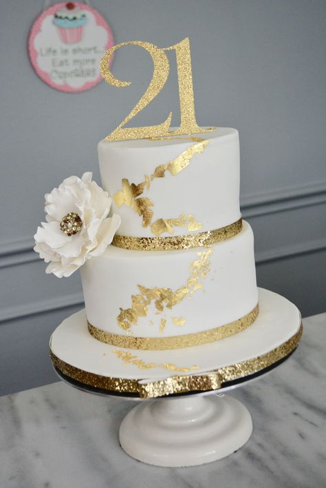 Gold Leaf Cake Gold Leaf Cake, Golden Wedding Cake, Leaf Cake, Gold Leaf Cakes, White Fondant, Edible Gold Leaf, Edible Gold, Gold Wedding Cake, Fondant Icing