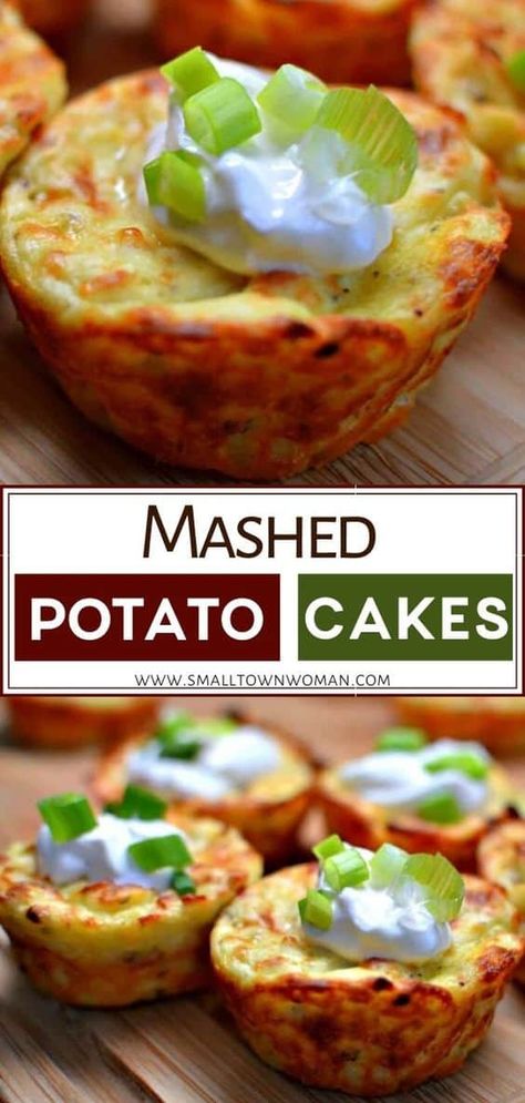 Marvelous Mashed Potato Cakes perfect as a side dish for your parties, potlucks, or just because! These baked potato cakes combine leftover mashed potato cakes, eggs, cheddar, Parmesan. sour cream and a handful of spices that you probably already have on hand. Learn how to make this recipe! Potato Cups, Fancy Foods, Mashed Potato Cakes, Small Town Woman, Easy Mashed Potatoes, Savory Bites, Leftover Mashed Potatoes, Mashed Potato Recipes, Potato Cakes