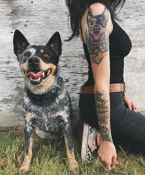 Tattoo Gato, Tatoo Dog, Dog Portrait Tattoo, Tattoo Son, Austrailian Cattle Dog, Tribute Tattoos, Blue Heeler Dogs, Australian Cattle Dogs, Hand Tattoos For Women