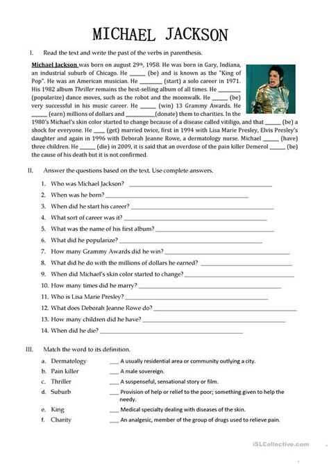 Michael Jackson Biography - English ESL Worksheets for distance learning and physical classrooms Teaching Biographies, Michael Jackson Biography, Writing A Biography, Short Text, Reading Comprehension Lessons, Reading Comprehension Questions, The Worksheet, Verb Worksheets, Mystery Stories