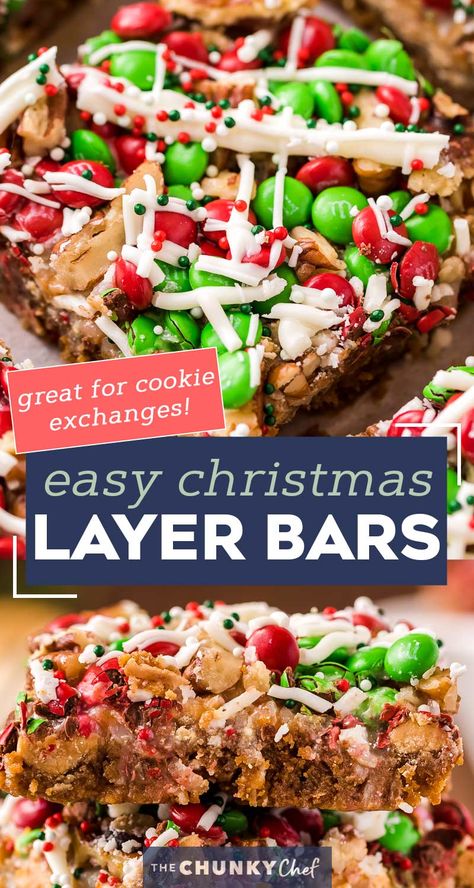 These easy Christmas 7 Layer Bars are great to make for the holidays!  Literally layer upon layer of deliciousness, this classic dessert goes by many names, such as magic cookie bars, hello dolly bars, etc... but no matter what you call them, they'll be a crowd-pleasing dessert! #7layerbars #magiccookiebars #hellodolly #kitchensink #sevenlayerbars #cookiebars #dessert #baking #holiday #christmas Christmas Dessert Tray, 7 Layer Cookies, Dolly Bars, Red Velvet Cake Mix Cookies, Hello Dolly Bars, Seven Layer Bars, 7 Layer Bars, The Chunky Chef, Chunky Chef