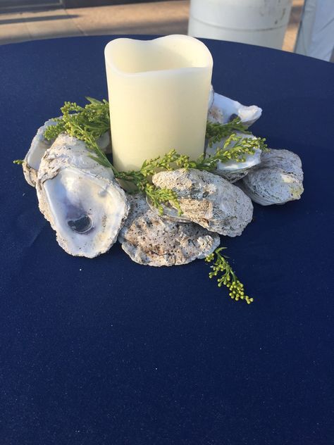 Fall Oyster Roast Decor, Oyster Roast Decor, Oyster Party Decorations, Oyster Roast Decorations, Oyster Shell Centerpiece, Oyster Shell Table Decor, The World Is Your Oyster Party Theme, Oyster Roast Engagement Party Ideas, The World Is Your Oyster Party